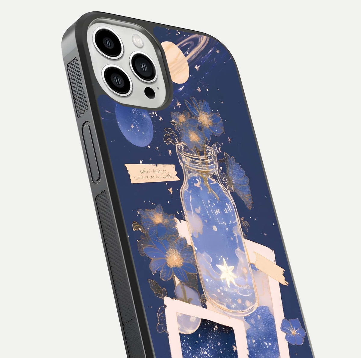 Starlit Cosmic Jar Glass Case for iPhone 13 Pro Max close-up angled shot highlighting stars, reflections, and HD shine