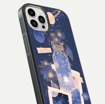 Starlit Cosmic Jar Glass Case for iPhone 13 Pro Max close-up angled shot highlighting stars, reflections, and HD shine