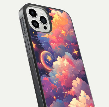 Starlit Dream Clouds Glass Case for iPhone 13 Pro Max close-up angled shot highlighting cloud texture and reflection