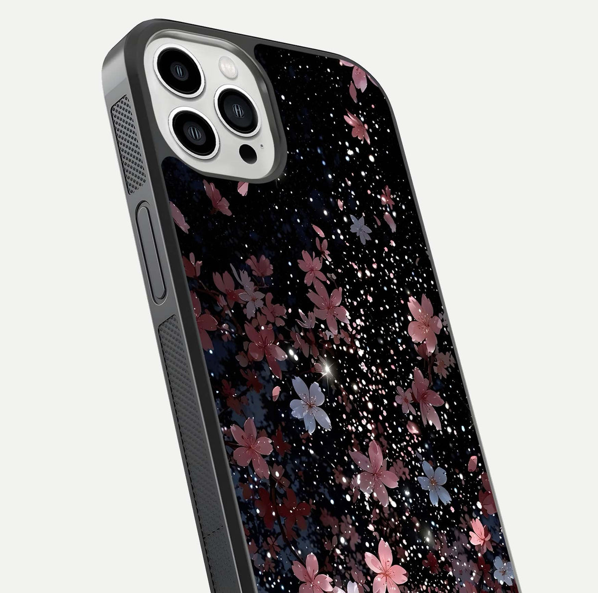 Starlit Flower Dreams Glass Case for iPhone 13 Pro Max close-up angled shot highlighting petal reflection and HD depth