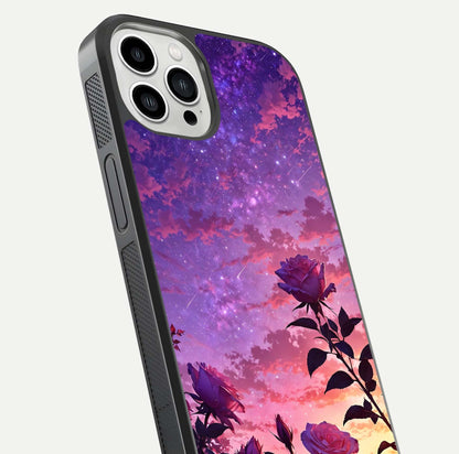 Starlit Rose Twilight Glass Case for iPhone 13 Pro Max close-up angled shot highlighting rose detail and reflection