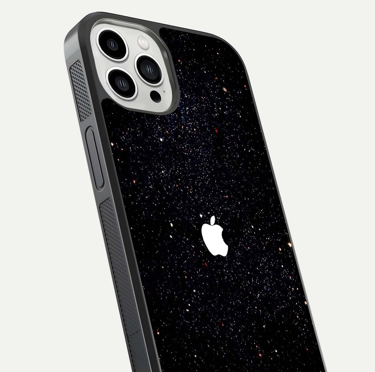 Starry Apple Galaxy Glass Case for iPhone 13 Pro Max close-up angled shot highlighting star details and gloss