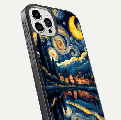 Starry Sky Serenity Glass Case for iPhone 13 Pro Max close-up angled shot highlighting light reflection and blue hues