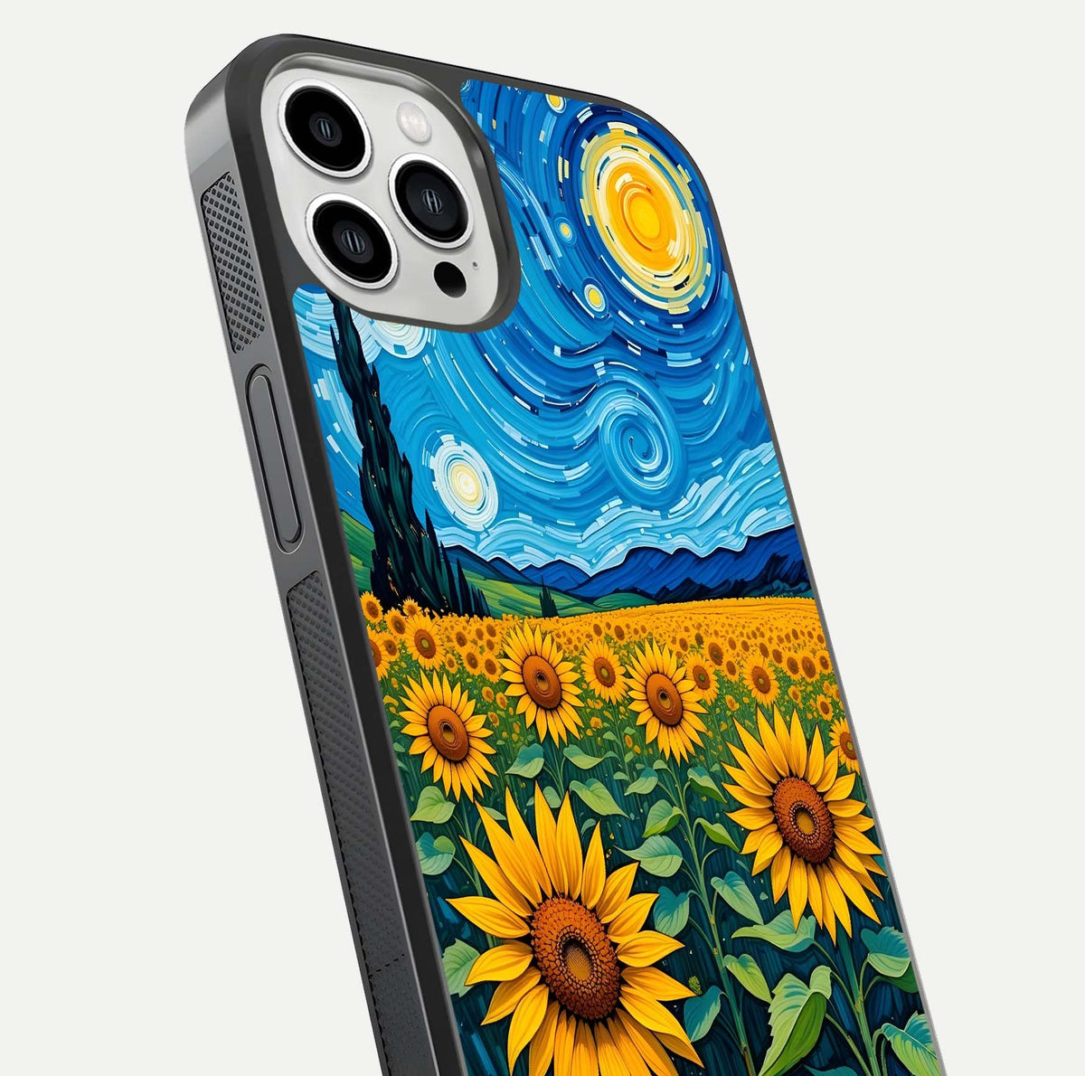 Starry Sunflower Dreams Glass Case for iPhone 13 Pro Max close-up angled shot highlighting petal texture and gloss