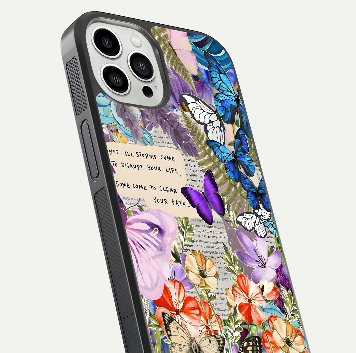 Storm Path Bloom Glass Case for iPhone 13 Pro Max close-up angled shot highlighting bloom texture and reflection
