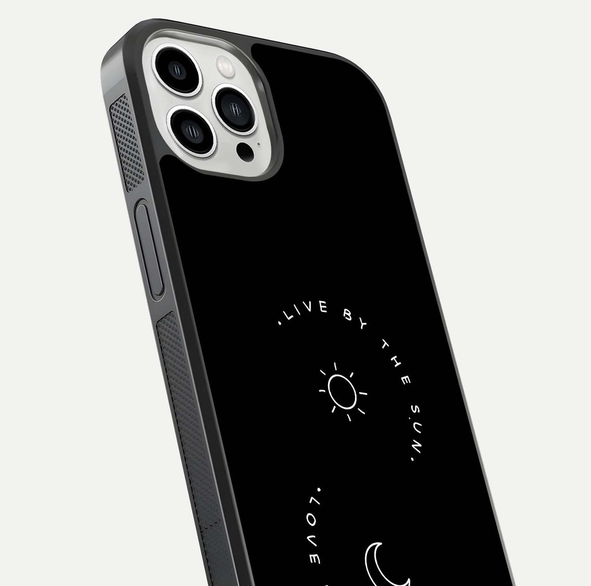 Sun Moon Balance Glass Case for iPhone 13 Pro Max close-up angled shot highlighting cosmic art and HD reflection