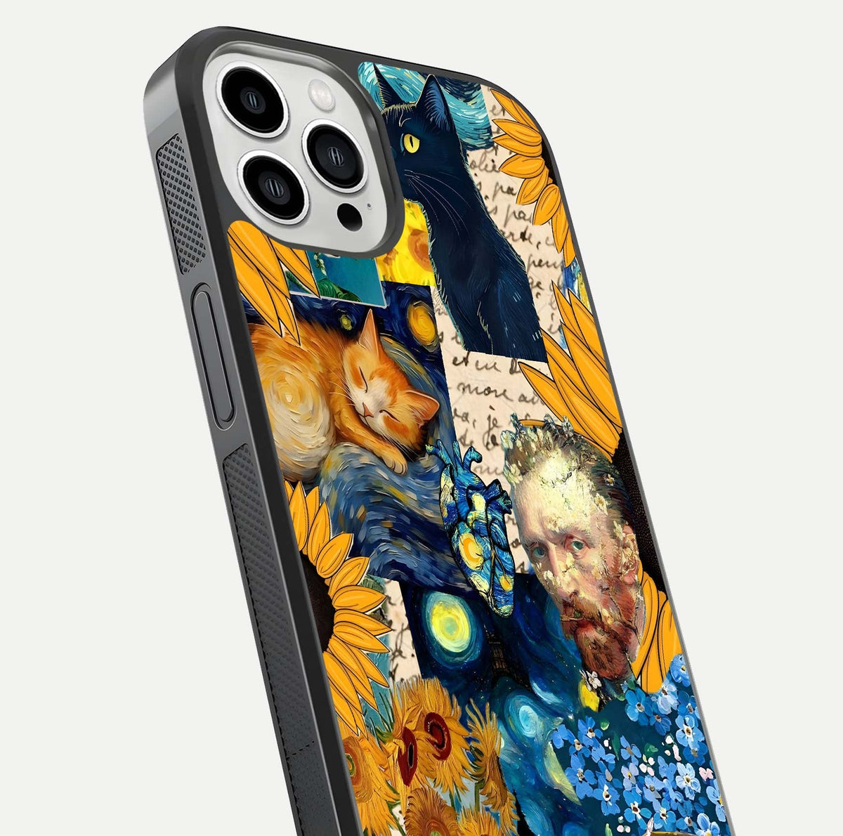 Sunflower Cat Art Glass Case for iPhone 13 Pro Max close-up angled shot highlighting yellow tones and art reflection