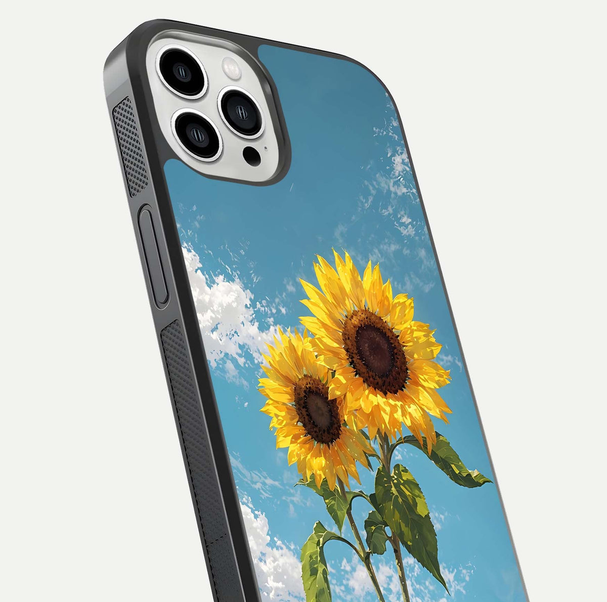 Sunflower Sky Bloom Glass Case for iPhone 13 Pro Max close-up angled shot highlighting petal details and reflection