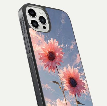 Sunlit Daisy Glow Glass Case for iPhone 13 Pro Max close-up angled shot highlighting petal texture and reflection