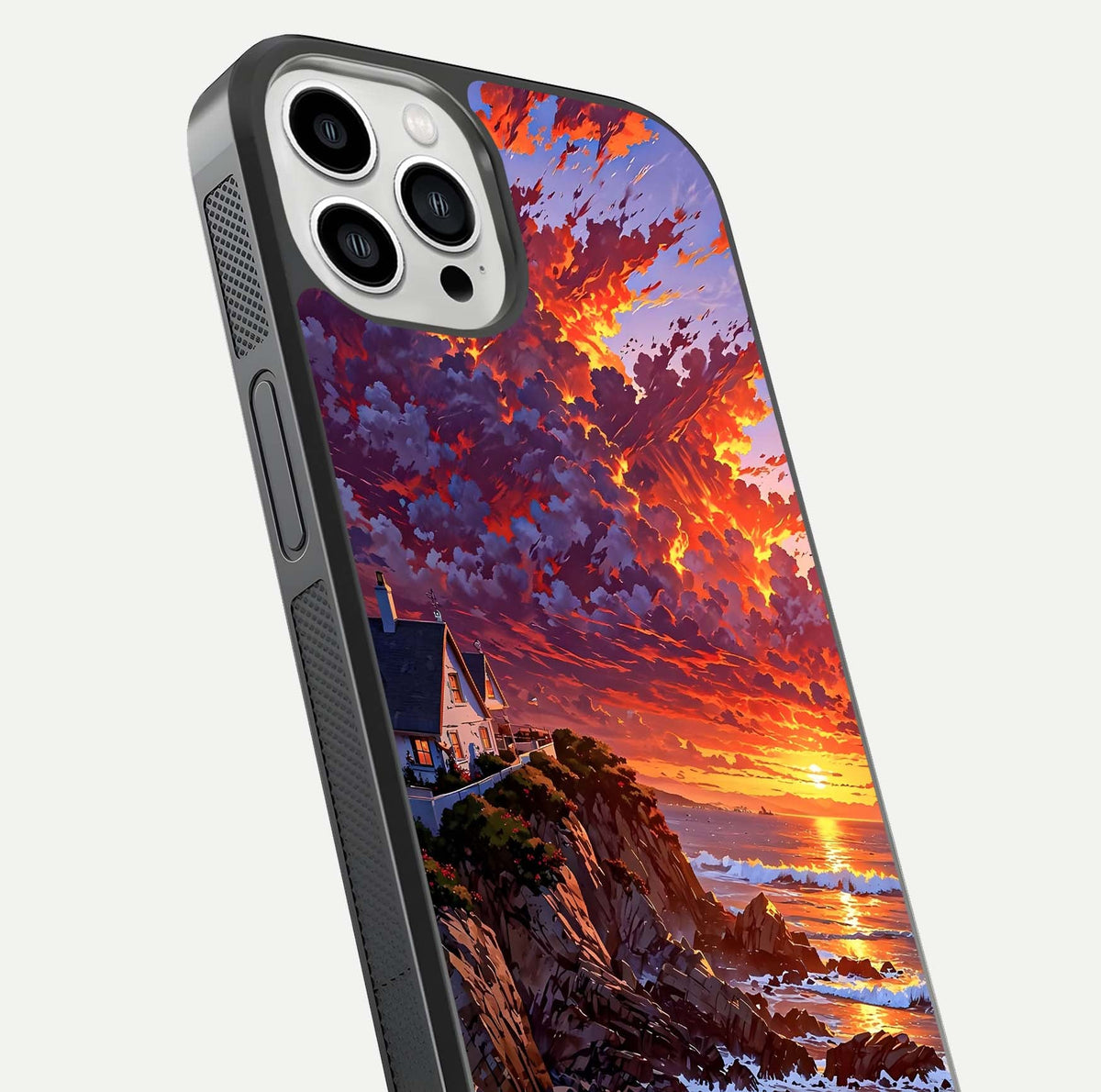 Sunset House by Sea Glass Case for iPhone 13 Pro Max close-up angled shot highlighting sunset tones and water glow