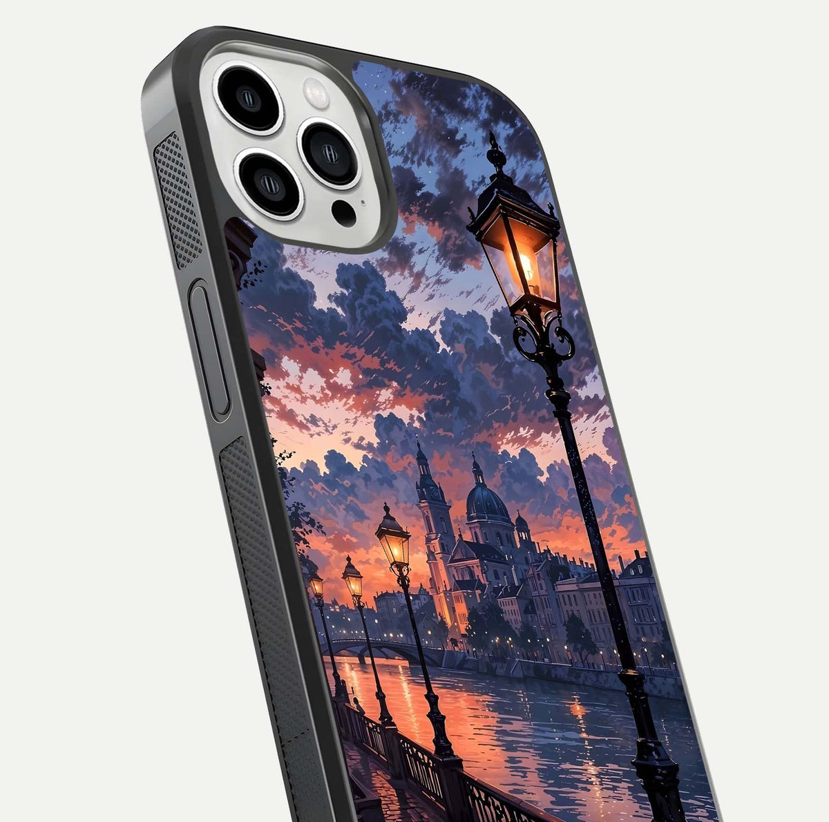 Twilight Garden Swing Glass Case for iPhone 13 Pro Max close-up angled shot highlighting floral tones and reflection