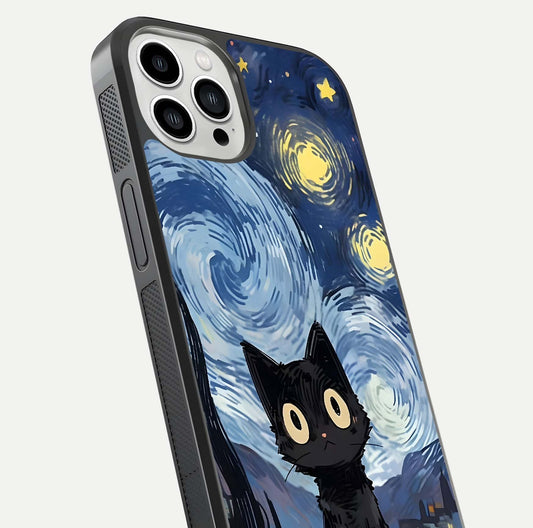 Two Cats Friends Glass Case for iPhone 13 Pro Max close-up angled shot highlighting cat illustrations and soft reflection