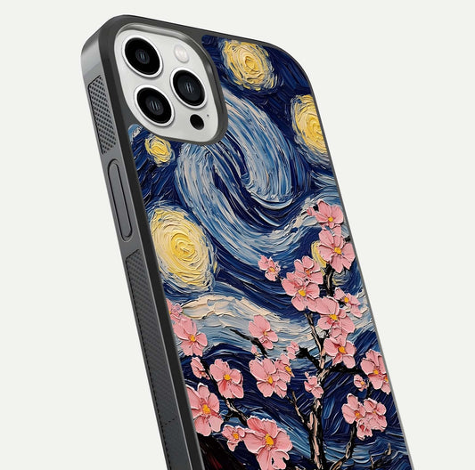 Van Gogh Eye Glass Case for iPhone 13 Pro Max close-up angled shot highlighting color blend and gloss reflection