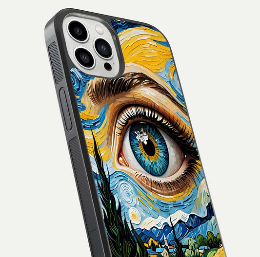 Van Gogh Cat Glass Case for iPhone 13 Pro Max close-up angled shot highlighting brushstroke texture and reflection