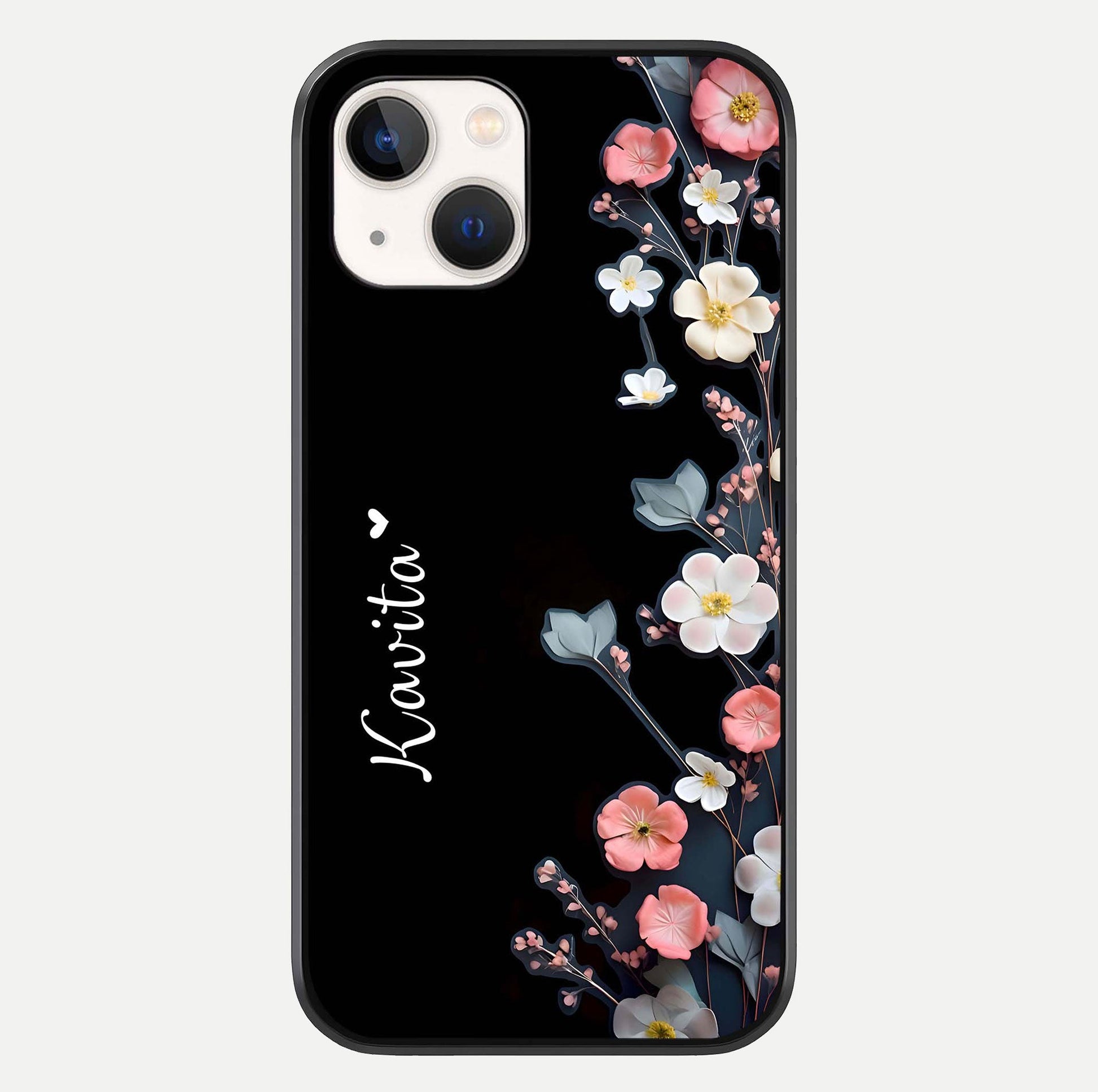 Black Elegance Floral Custom Name Glass Case For iPhone 16 Pro by Custom World