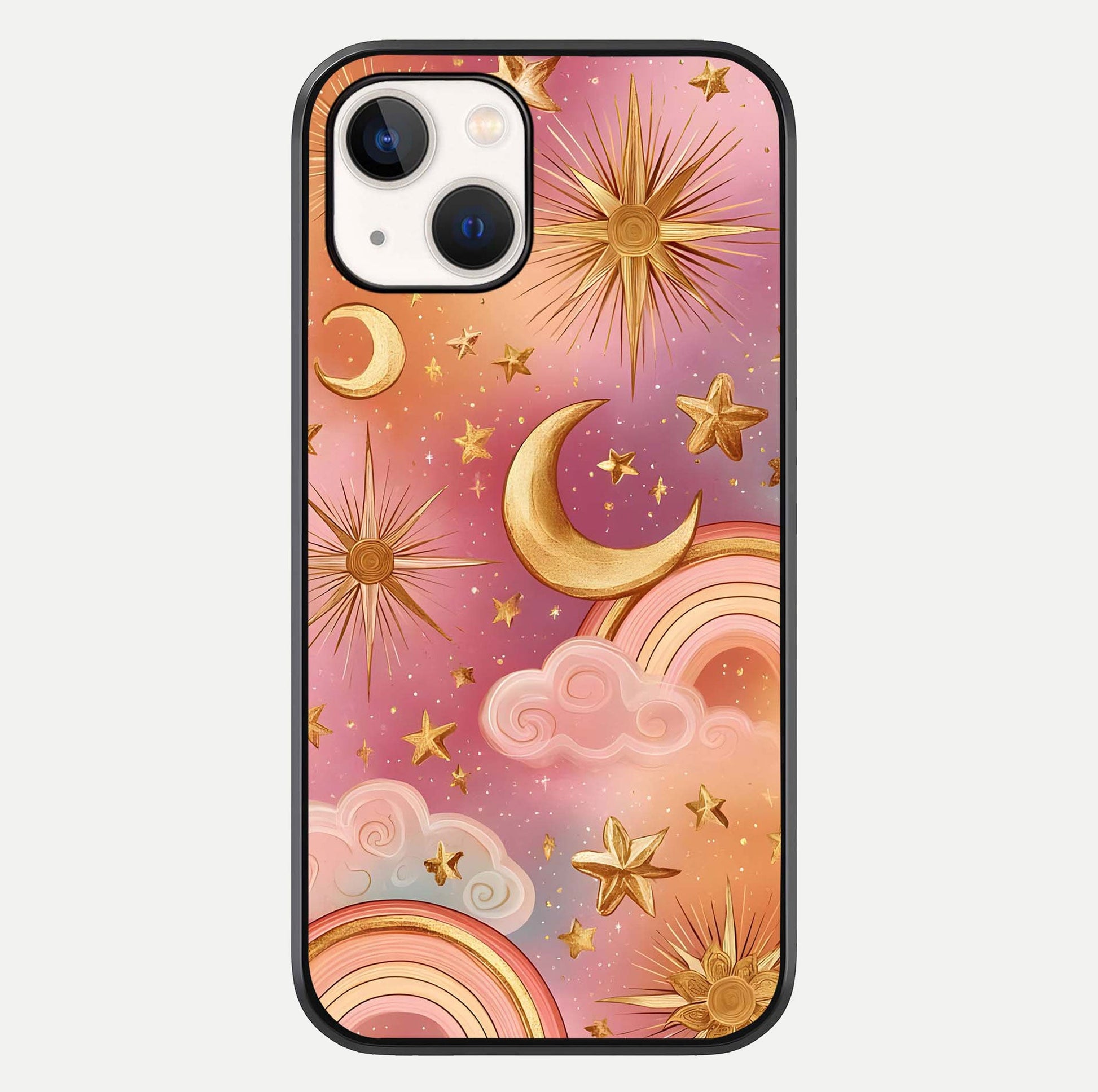 Golden Celestial Dreams Glass Case For iPhone 14 by Custom World