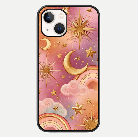 Golden Celestial Dreams Glass Case For iPhone 14 by Custom World