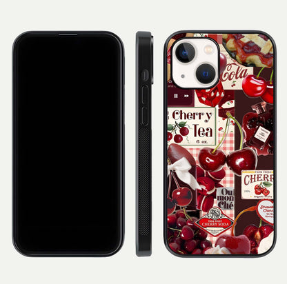 Aesthetic Cherry Tea Glass Case for iPhone 16 Pro front and back view layout showing black front display and artistic cherry-themed glass back