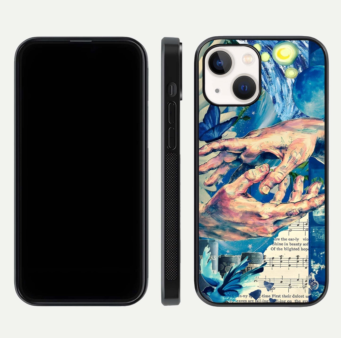 Aesthetic Divider Glass Case for iPhone 16 Pro front and back view layout showing black front display and minimal divider glass back