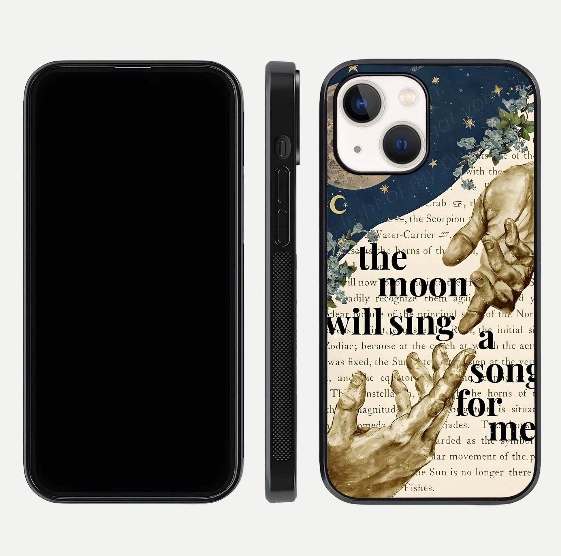 Aesthetic Divine Glass Case for iPhone 16 Pro front and back view layout showing black front display and divine art glass back
