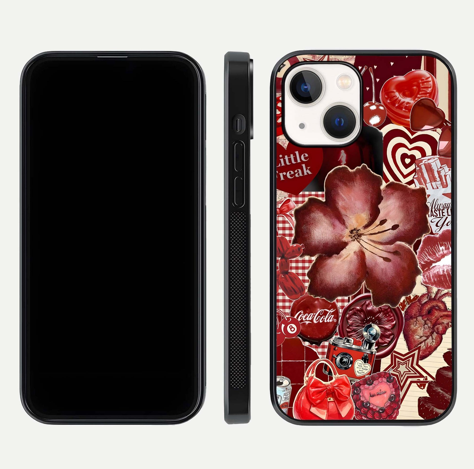 Aesthetic Little Freak Glass Case for iPhone 16 Pro front and back view layout showing black front display and trendy collage glass back