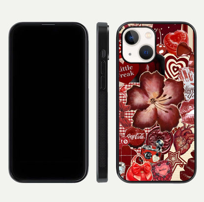 Aesthetic Little Freak Glass Case for iPhone 16 Pro front and back view layout showing black front display and trendy collage glass back
