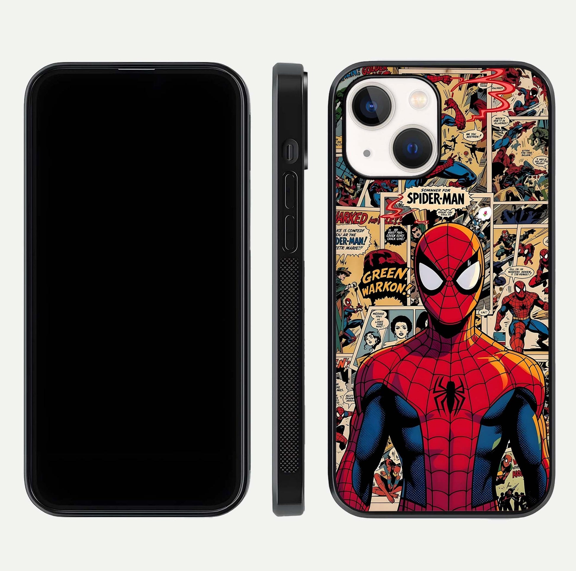 Aesthetic Spider Man Glass Case for iPhone 16 Pro front and back view layout showing black front display and Spider-Man art glass back