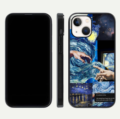 Aesthetic Vando Hands Glass Case for iPhone 16 Pro front and back layout highlighting camera cutout and premium glass shine