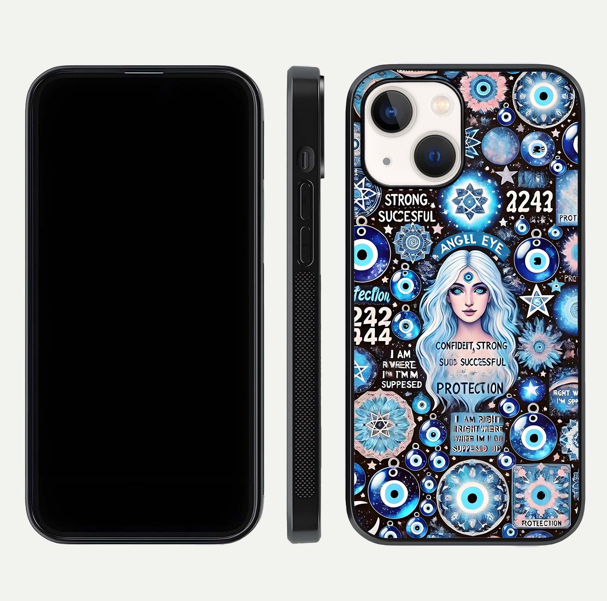 Angel Aura Shield Glass Case for iPhone 16 Pro front and back display highlighting glass clarity and spiritual design