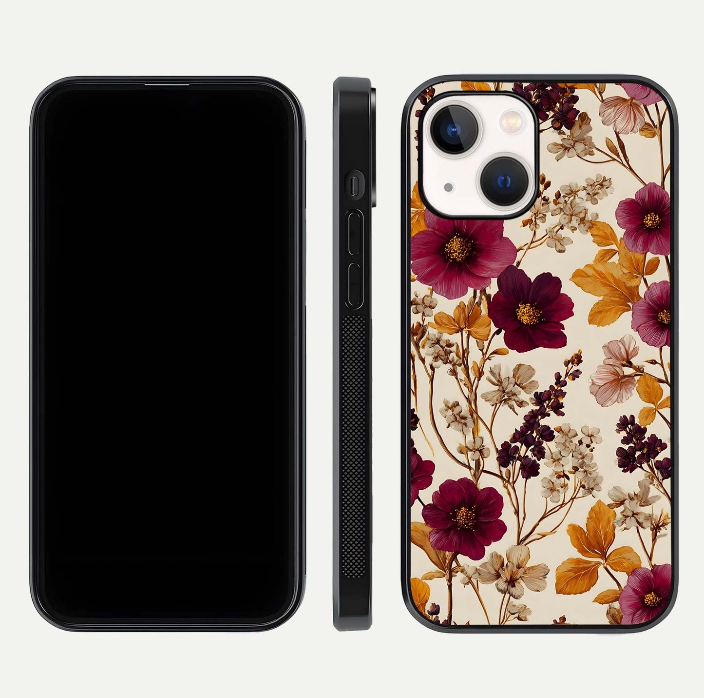 Autumn Wine Bloom Glass Case for iPhone 16 Pro front and back layout showing autumn print and HD glass clarity