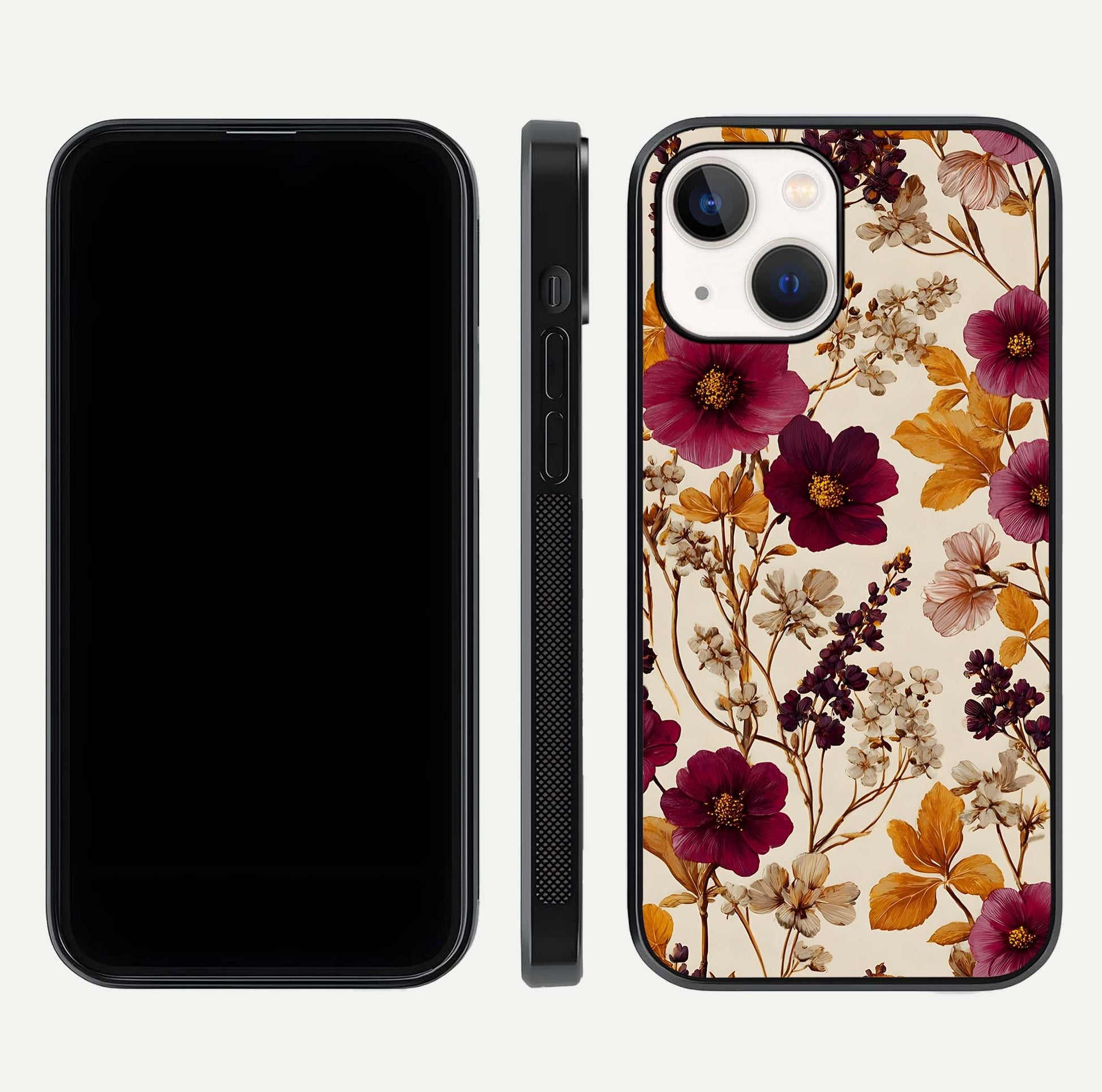 Autumn Wine Bloom Glass Case for iPhone 16 Pro front and back layout showing autumn print and HD glass clarity