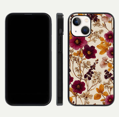 Autumn Wine Bloom Glass Case for iPhone 16 Pro front and back layout showing autumn print and HD glass clarity