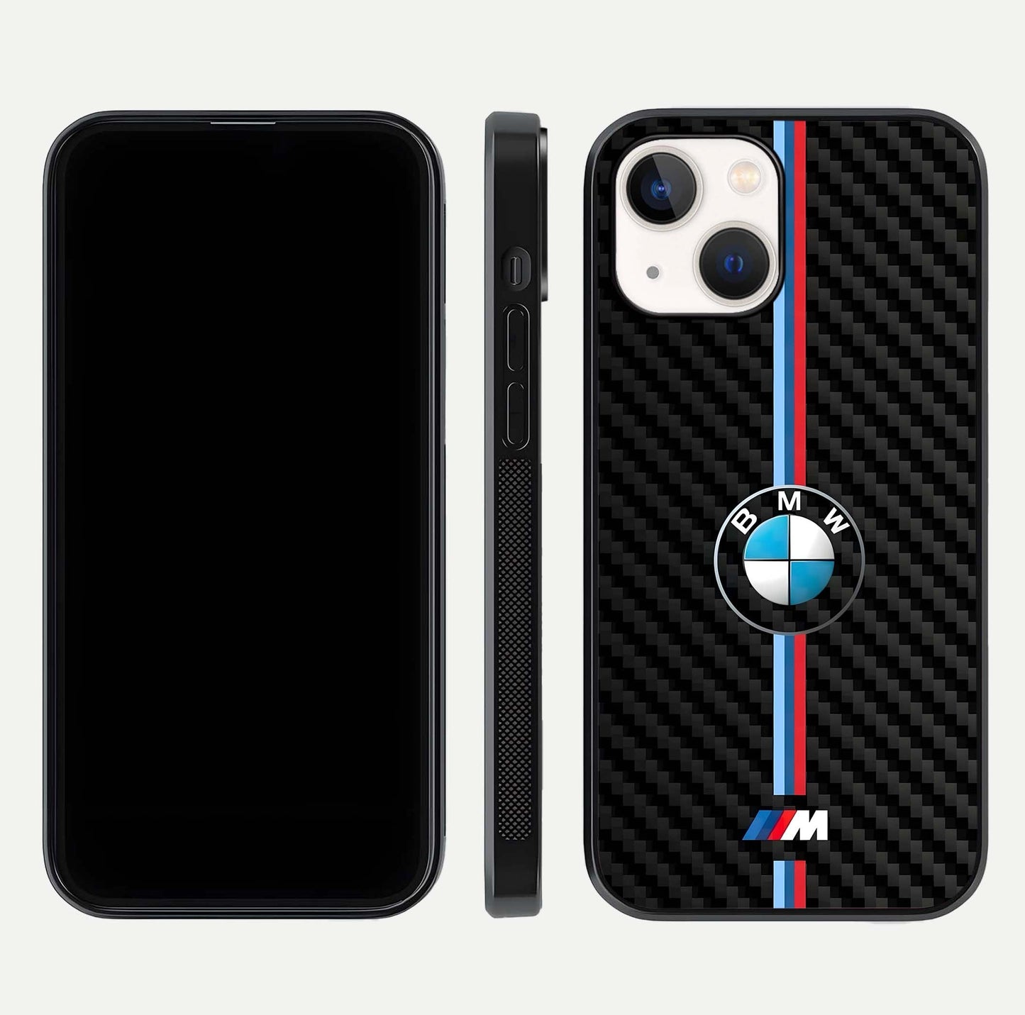 BMW Pattern Glass Case for iPhone 14 front-and-back layout displaying car-themed art and premium glass gloss