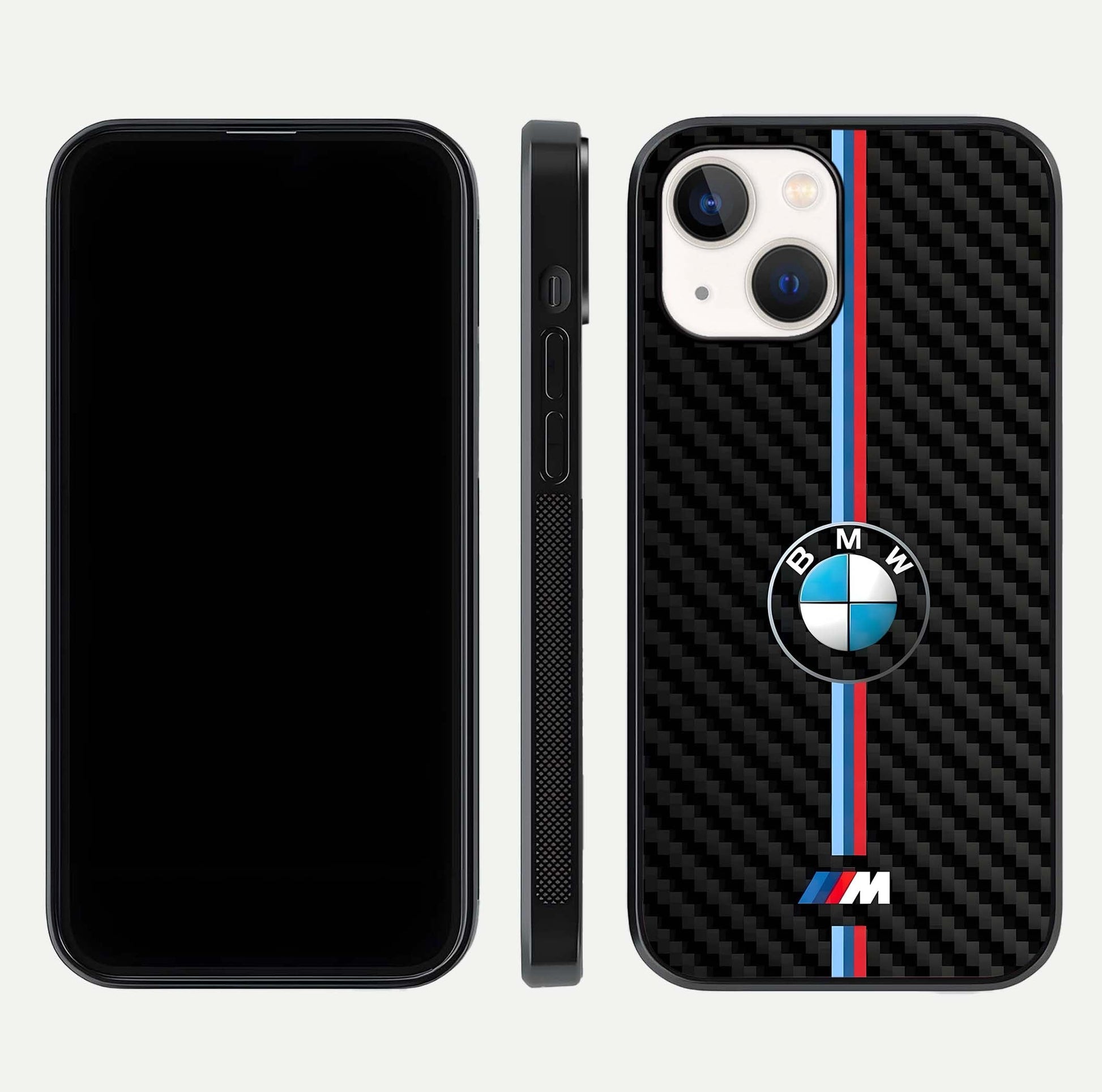 BMW Pattern Glass Case for iPhone 14 front-and-back layout displaying car-themed art and premium glass gloss