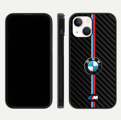 BMW Pattern Glass Case for iPhone 14 front-and-back layout displaying car-themed art and premium glass gloss