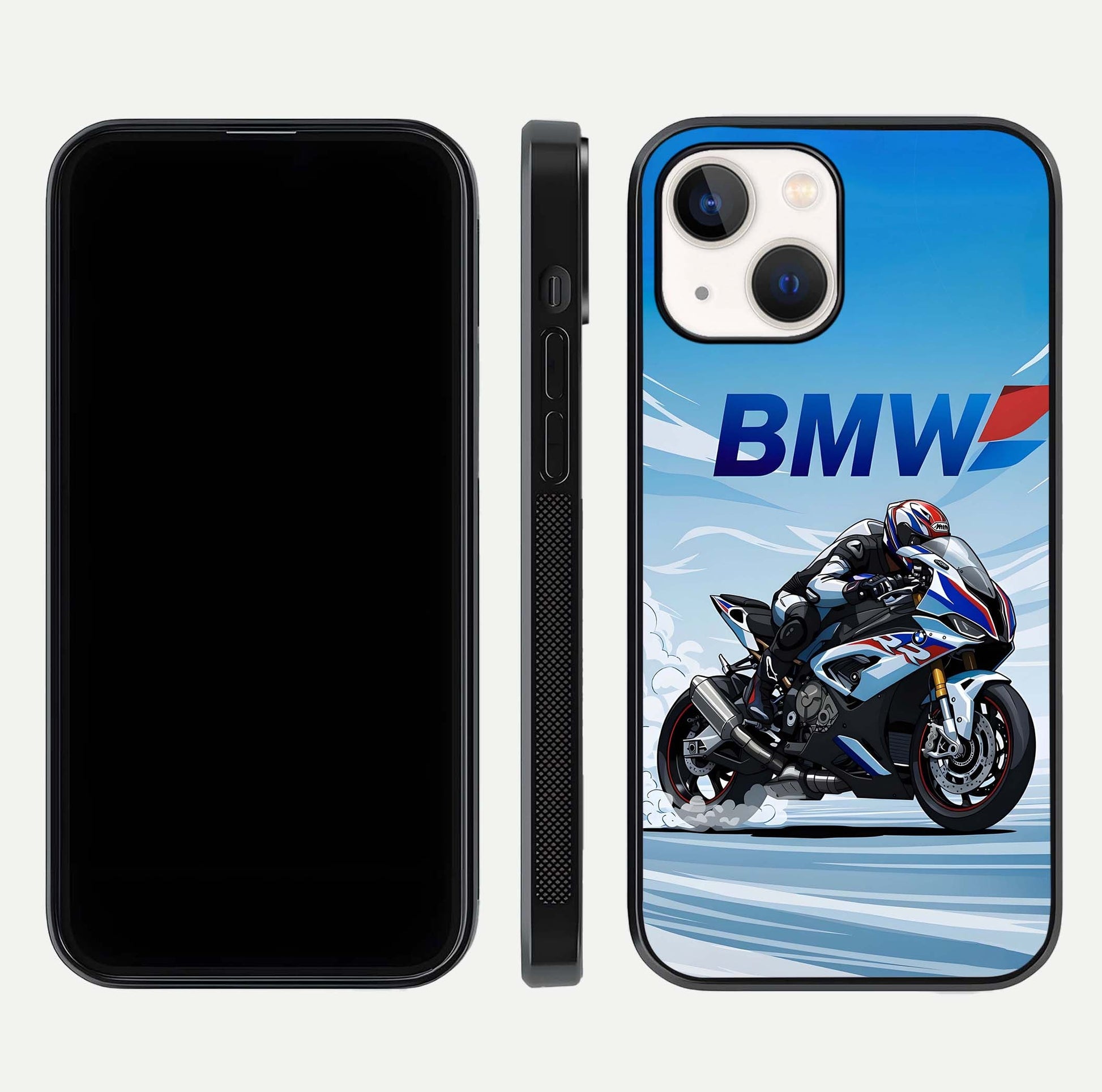 BMW Power Drift Glass Case for iPhone 14 dual-view layout showing energy pattern and edge clarity