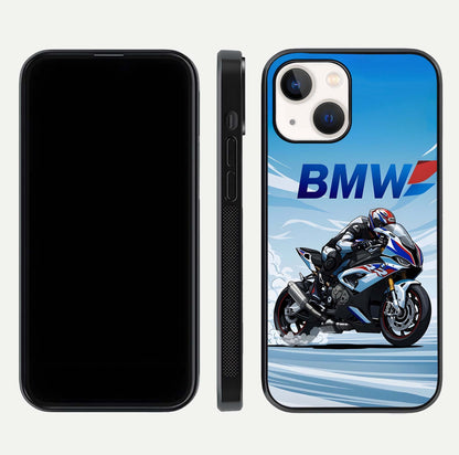 BMW Power Drift Glass Case for iPhone 14 dual-view layout showing energy pattern and edge clarity