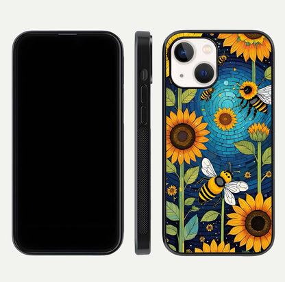 Bees & Sunflowers Glass Case for iPhone 16 Pro front-and-back layout highlighting nature-inspired artwork and protective edge