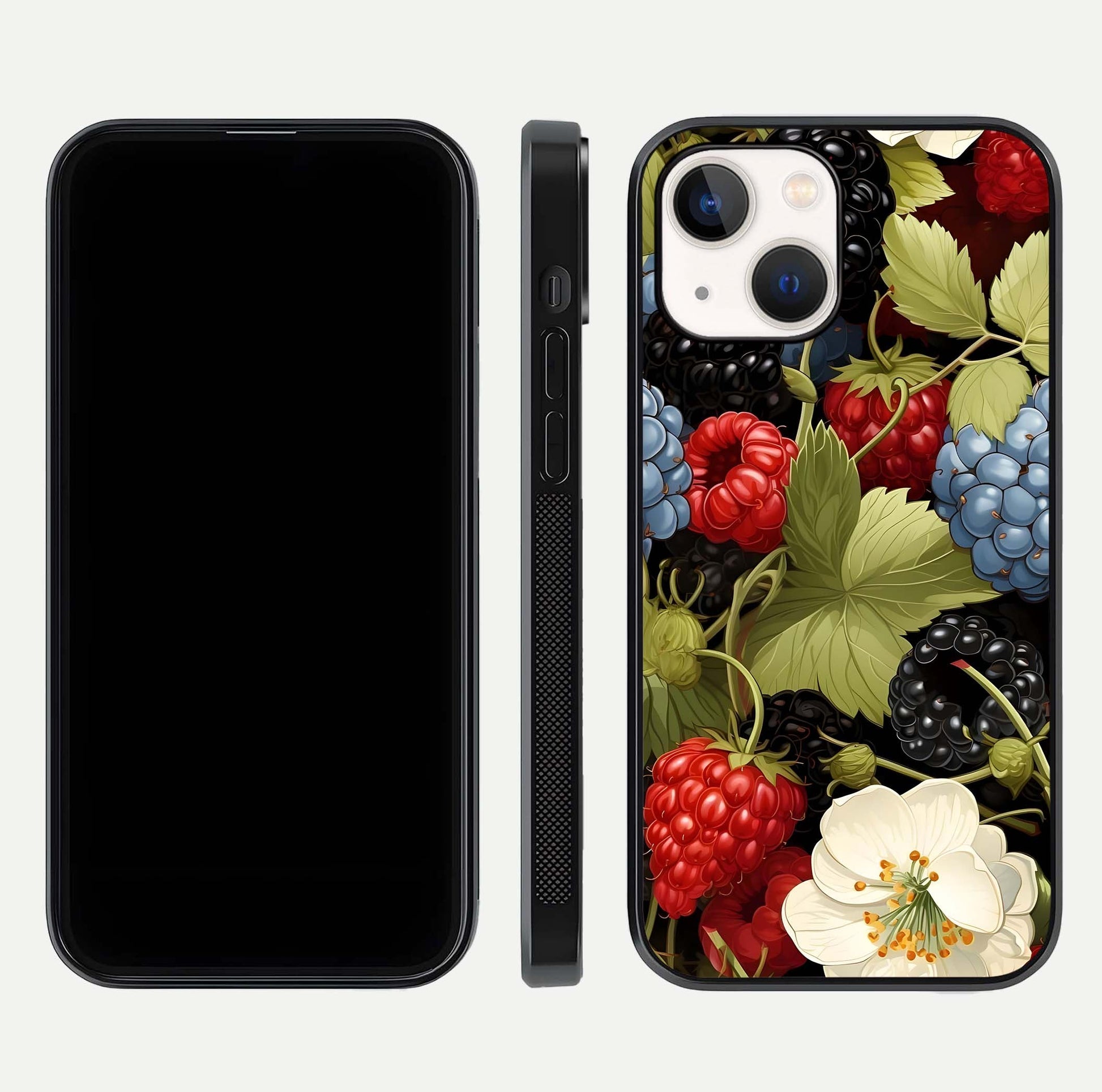 Berry Bloom Charm Glass Case for iPhone 14 front-and-back layout showing floral pattern continuity and smooth glass shine