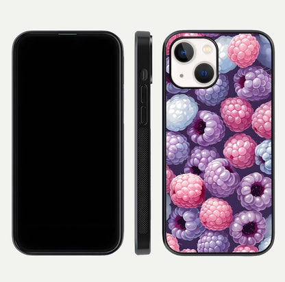 Berry Candy Pop Glass Case for iPhone 14 front-and-back layout showing colorful pattern and sleek protective frame