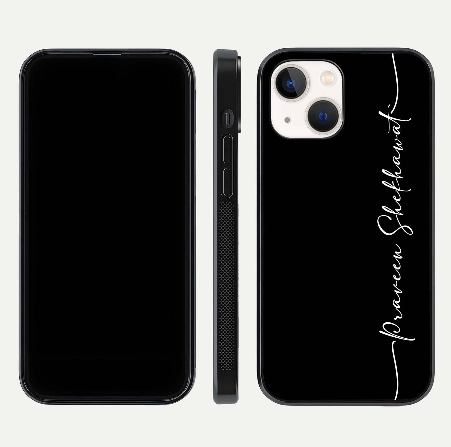 Black Tune Custom Name Glass Case for iPhone 14 front-and-back layout showing personalized name zone and edges