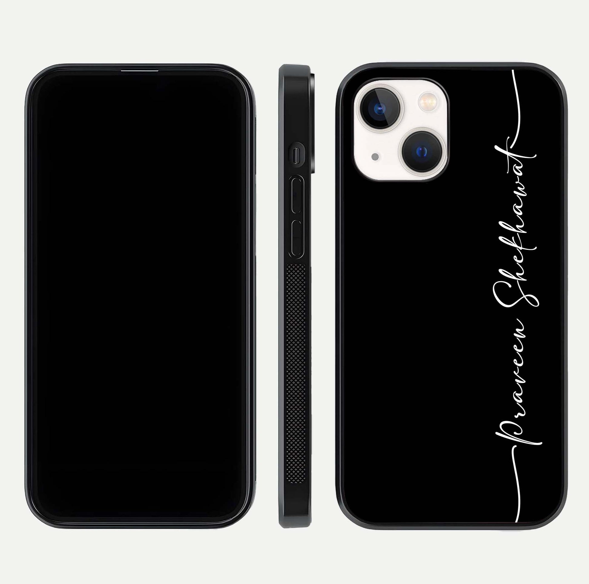 Black Tune Custom Name Glass Case for iPhone 14 front-and-back layout showing personalized name zone and edges