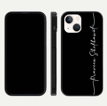 Black Tune Custom Name Glass Case for iPhone 14 front-and-back layout showing personalized name zone and edges