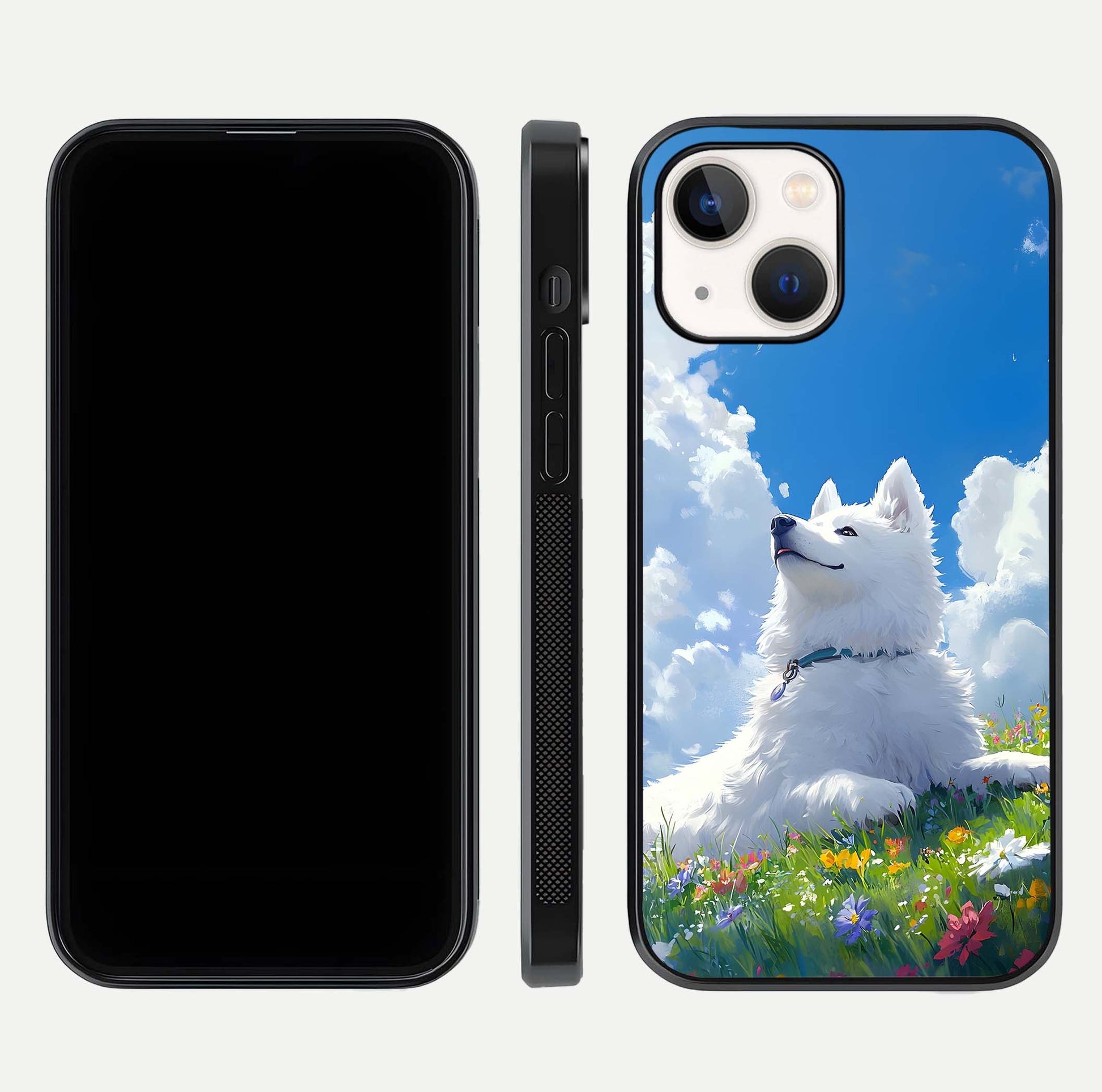 Blissful Cloud Pup Glass Case for iPhone 16 Pro front-and-back layout showing art alignment and edge design
