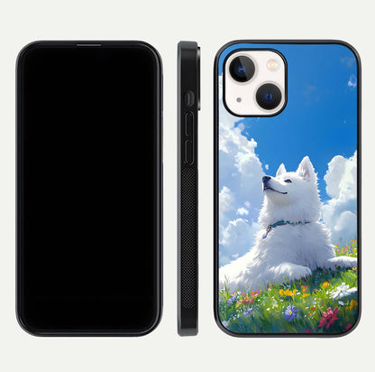 Blissful Cloud Pup Glass Case for iPhone 16 Pro front-and-back layout showing art alignment and edge design