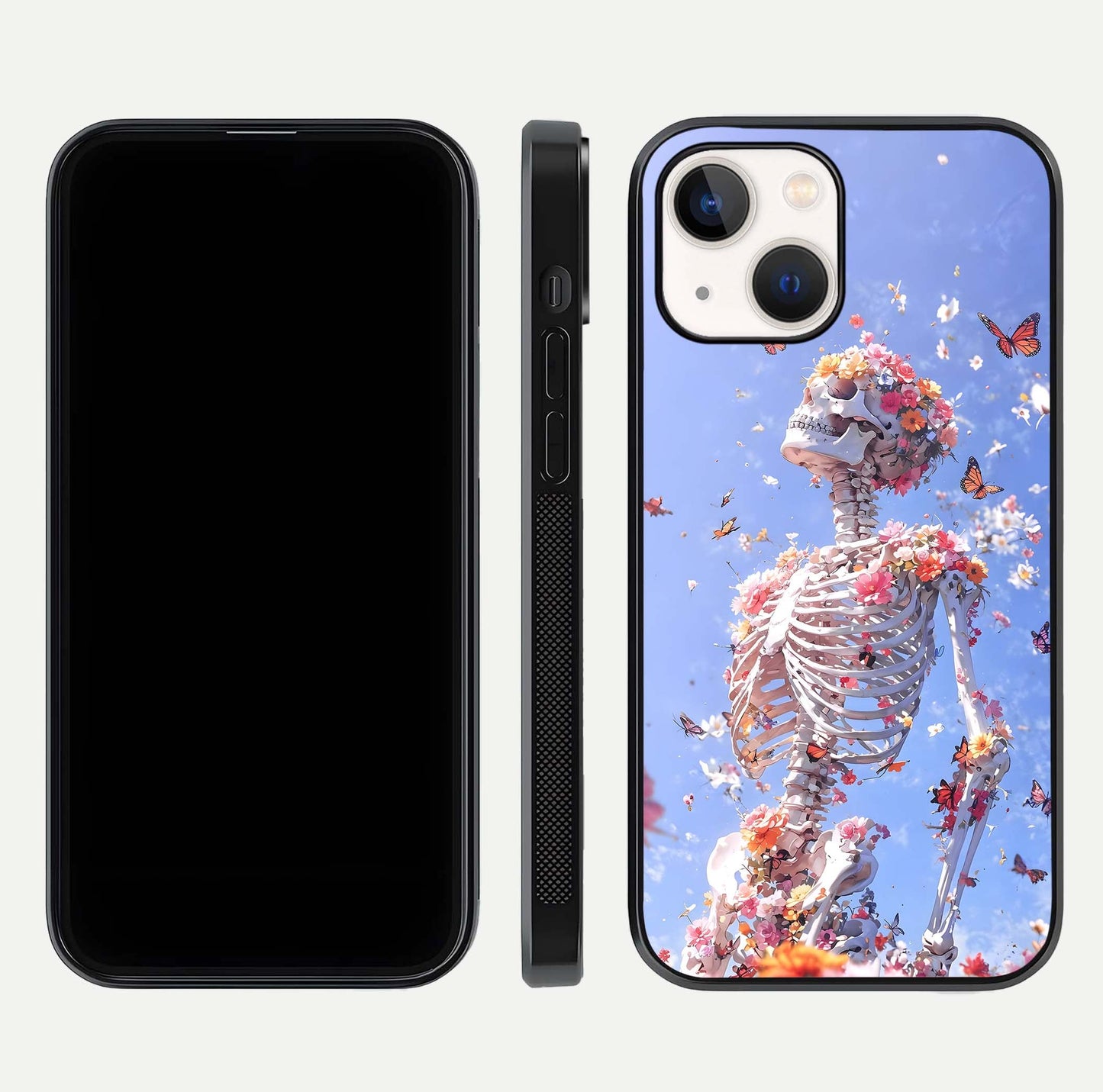 Bloom Beyond Bones Glass Case for iPhone 16 Pro dual-view layout showing creative aesthetic and edge design