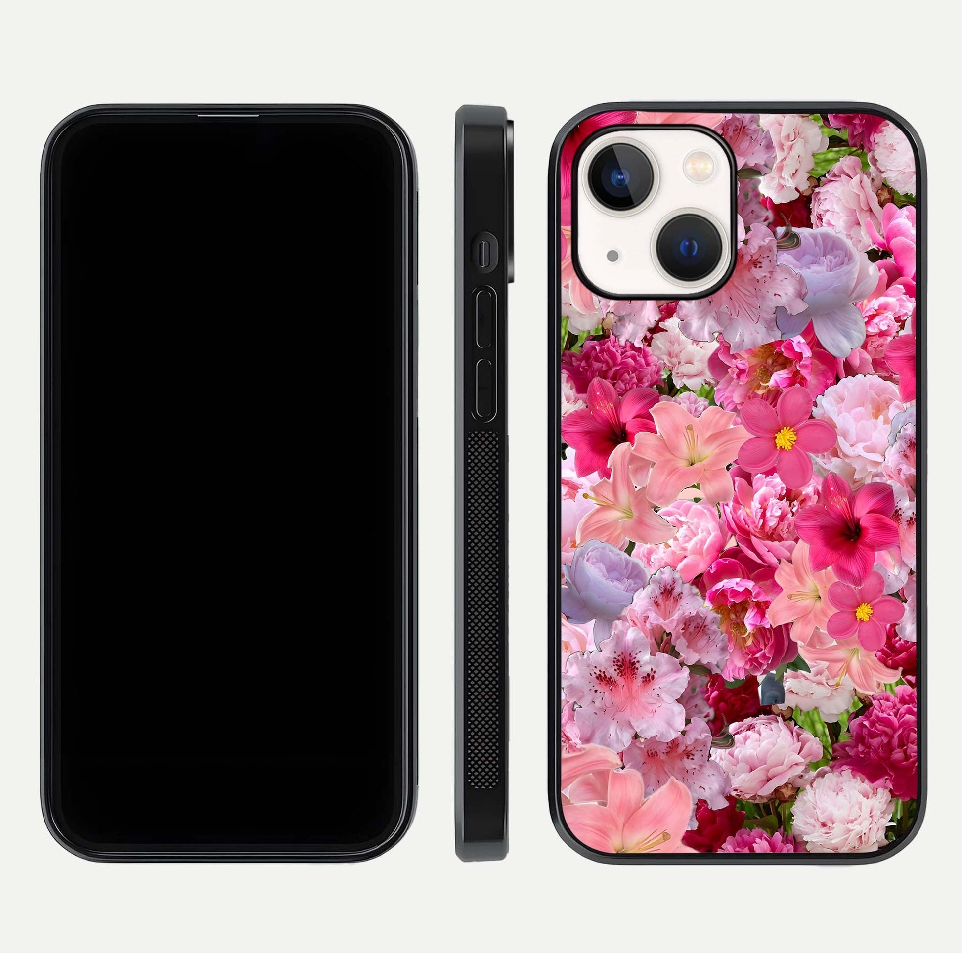 Bloom Crush Fantasy Glass Case for iPhone 16 Pro dual-view layout highlighting edges and premium shine