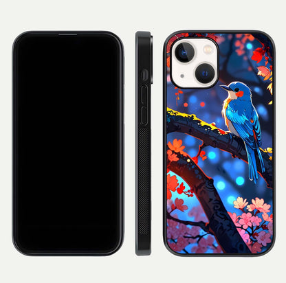 Blooming Spendor Bird Glass Case for iPhone 16 Pro front-and-back view showing nature print and protective edge