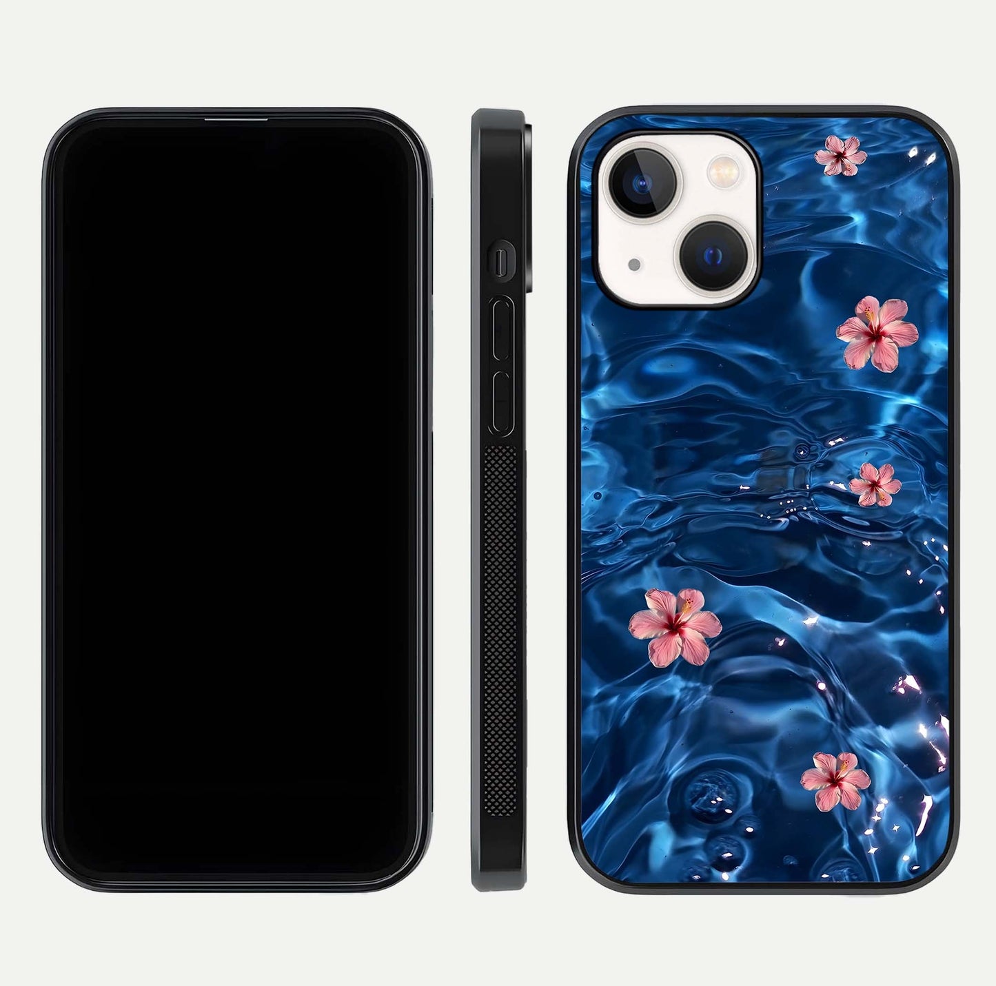 Blooming Water Drift Glass Case for iPhone 14 front-and-back layout highlighting edge design and serene water bloom art