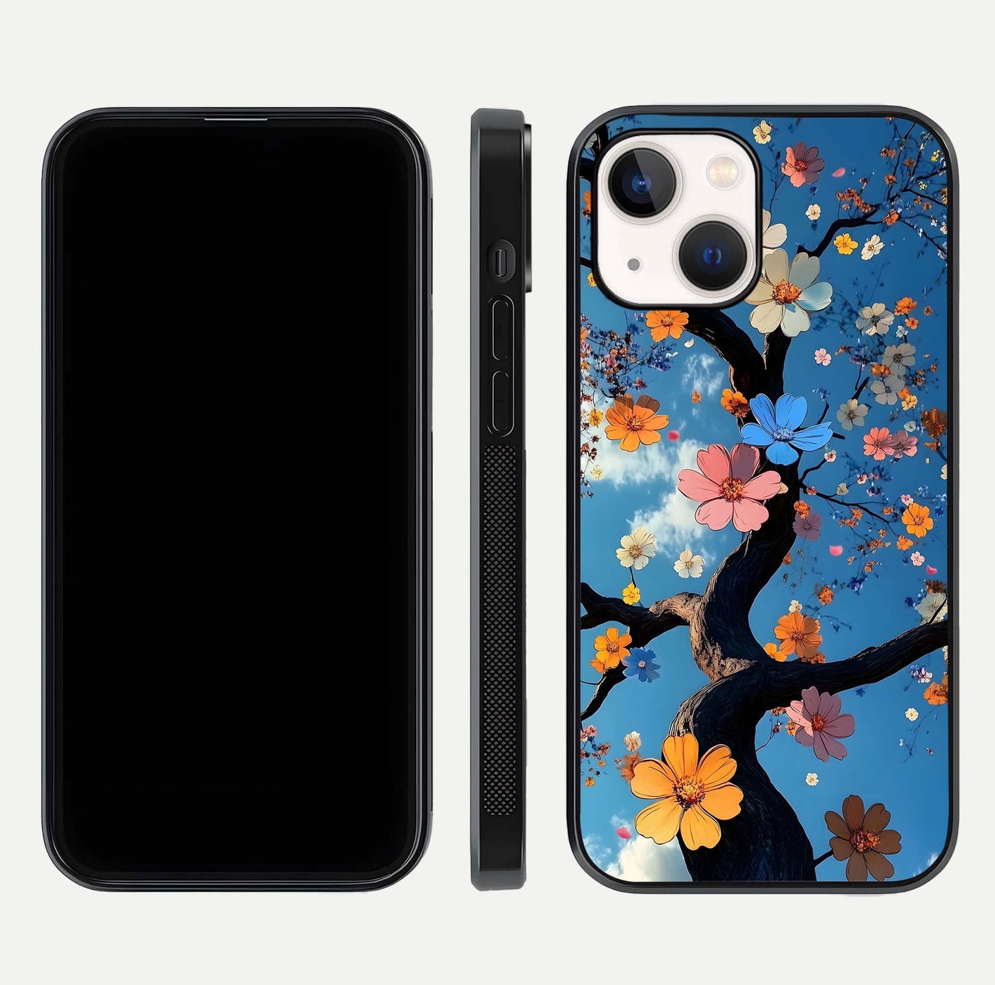 Blossom Dream Sky Glass Case for iPhone 16 Pro front-and-back layout showing floral print and premium edge gloss